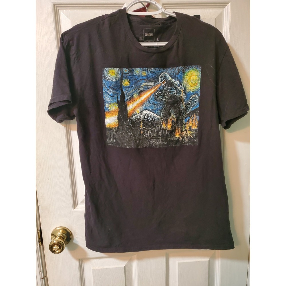 Godzilla Graphic T-Shirt Starry Night Parody Black Tee Size LY2K Godzilla.size L